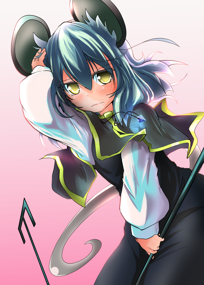 1girl akure_ekuto animal_ears blush capelet cover cover_page grey_hair mouse_ears mouse_tail nazrin pendulum rod solo tail touhou yellow_eyes