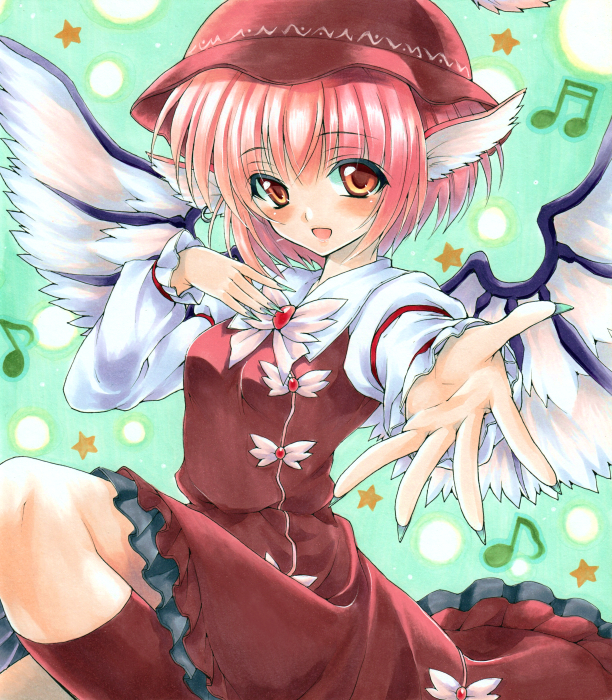 1girl animal_ears blush colored_pencil_(medium) dress earrings fingernails hat jewelry long_fingernails marker_(medium) millipen_(medium) musical_note mystia_lorelei nail_polish open_mouth outstretched_hand pink_hair reaching_out red_eyes ren_(endscape20) short_hair smile solo star thigh-highs touhou traditional_media wings