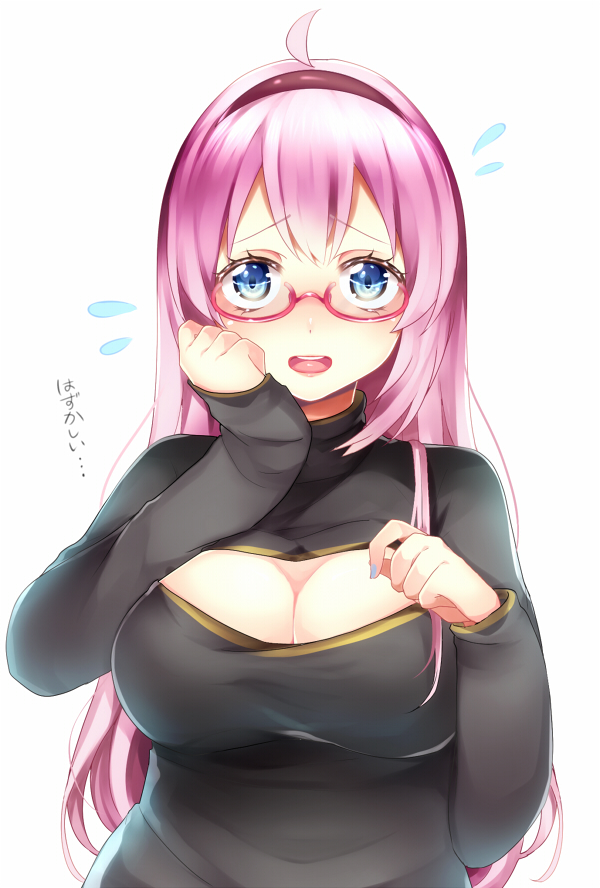 1girl blue_eyes blue_nails breasts flying_sweatdrops glasses japanese large_breasts long_hair long_sleeves matatabi_dango megurine_luka nail_polish open-chest_sweater open_mouth pink_hair red-framed_glasses simple_background solo sweatdrop sweater translated turtleneck upper_body vocaloid white_background