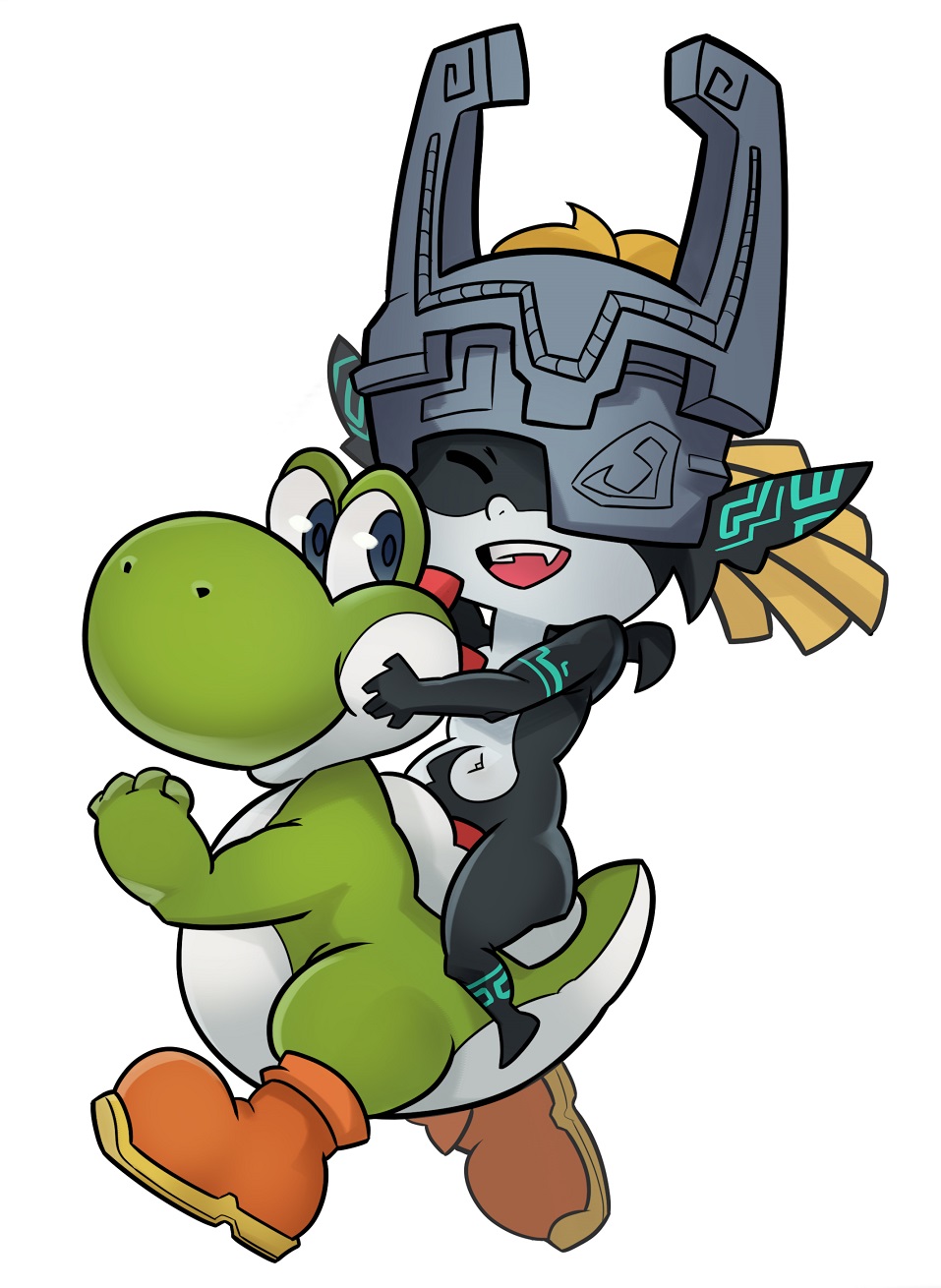 1girl boots crossover dinosaur helmet highres midna orange_hair pointy_ears saddle smile splashbrush the_legend_of_zelda the_legend_of_zelda:_twilight_princess yoshi yoshi_(game)