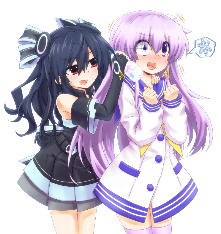 2girls bare_shoulders black_hair blush bottle breasts cold commentary_request d-pad elbow_gloves gloves hair_ornament long_hair mizunashi_(second_run) multiple_girls nepgear neptune_(series) purple_hair red_eyes smile snowflakes startled thigh-highs trembling twintails uni_(choujigen_game_neptune) violet_eyes