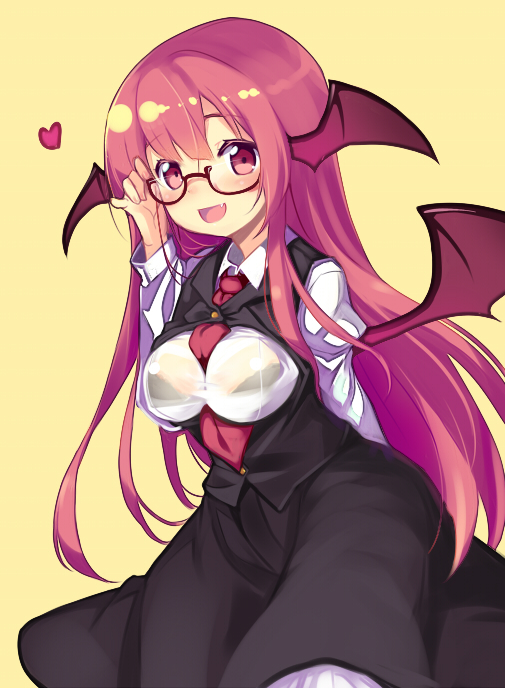1girl bat_wings bespectacled blush bra breasts fang framed_breasts glasses head_wings heart juliet_sleeves koakuma long_hair long_sleeves looking_at_viewer minamura_haruki necktie open_clothes open_mouth open_shirt puffy_sleeves red-framed_glasses red_eyes red_necktie redhead see-through shirt simple_background skirt skirt_set smile solo touhou underwear vest wings yellow_background