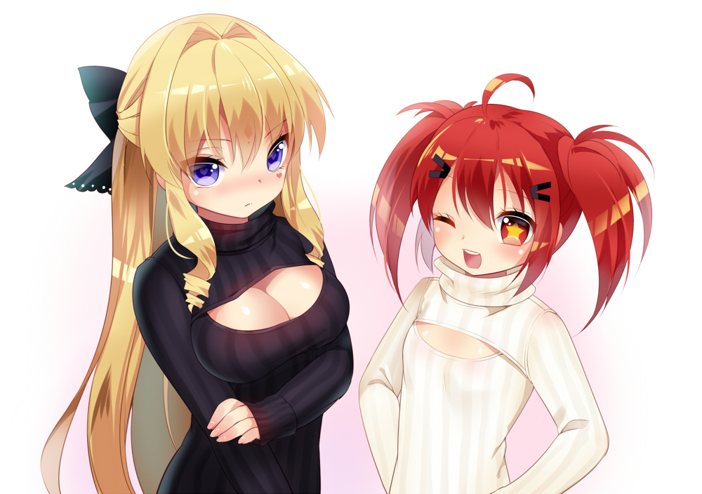 2girls ahoge blonde_hair breasts brown_eyes brown_hair cleavage cleavage_cutout delores_(mvv) hair_ornament hair_ribbon hairclip long_hair multiple_girls mvv one_eye_closed open-chest_sweater original ribbed_sweater ribbon star star-shaped_pupils sweater symbol-shaped_pupils turtleneck twintails violet_eyes vivian_(mvv)