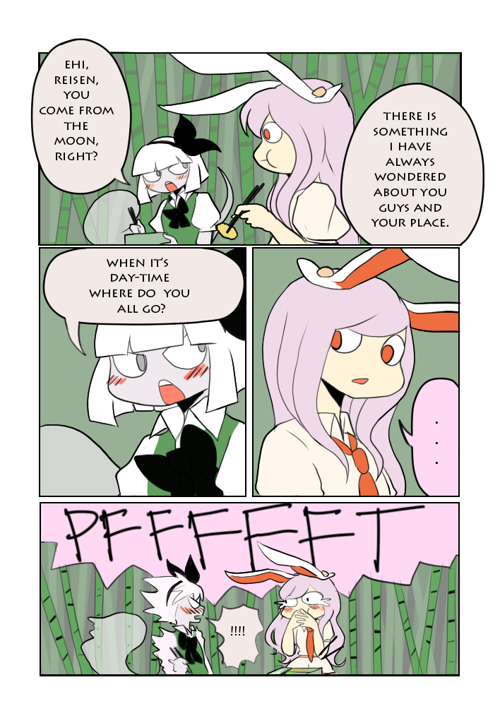 ! 2girls animal_ears bamboo bamboo_forest chopsticks comic covering_mouth eating english forest giggling grey_eyes grey_skin hair_ribbon kia_(tumblr) konpaku_youmu konpaku_youmu_(ghost) laughing multiple_girls nature necktie obentou purple_hair rabbit_ears red_eyes reisen_udongein_inaba ribbon spoken_exclamation_mark tears touhou white_hair