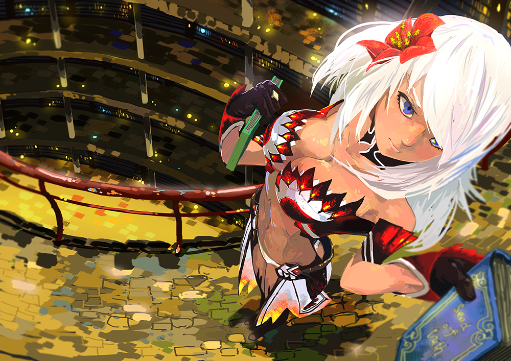 1girl armor armored_dress belt black_boots black_legwear blue_eyes book boots breasts cleavage cleavage_cutout collar dark_skin detail dress fire guild_wars hair_ornament hips library long_hair ornament red_flower scoutsmiso shoulder_armor thigh-highs thigh_boots thighs white_hair