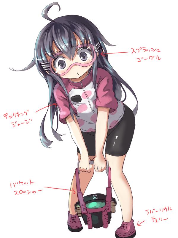 1girl :t ahoge akatsuki_(kantai_collection) alternate_costume black_hair black_shorts bucket commentary_request darkside diving_mask kantai_collection long_hair looking_at_viewer pout shorts solo splatoon translation_request violet_eyes