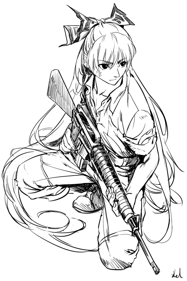 1girl assault_rifle fancybetty fujiwara_no_mokou full_body gun hair_ribbon half_updo holding long_hair m16 pants perspective ribbon rifle serious shirt signature solo squatting touhou very_long_hair weapon weapon_request