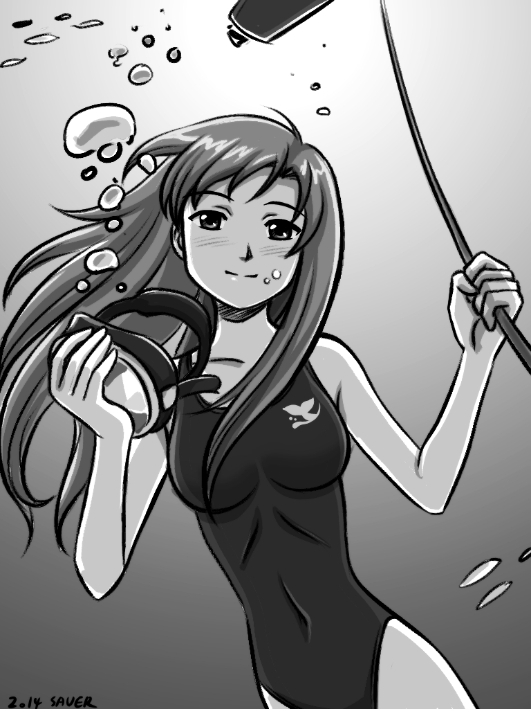 1girl air_bubble blush breath bubble diving diving_mask freediving holding_breath long_hair looking_at_viewer monochrome one-piece_swimsuit original removing_headwear saver_(artbysaver) sketch smile swimming swimsuit underwater