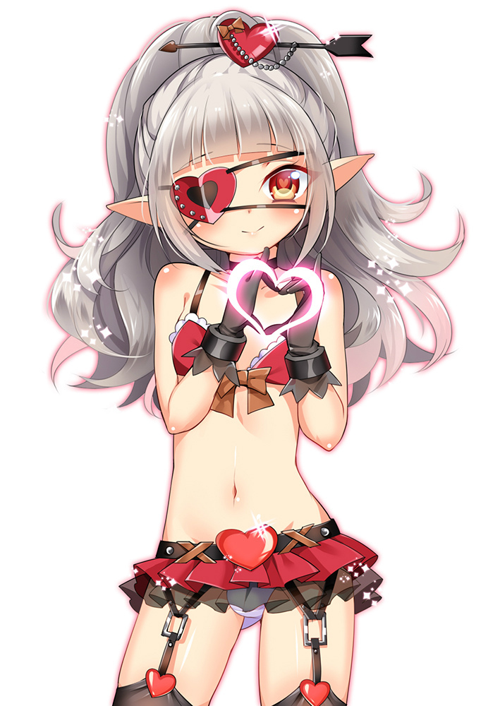 1girl arrow belt bikini_top eyepatch garter_straps gloves hair_ornament heart heart-shaped_pupils heart_hands long_hair micro_skirt mvv original panties pointy_ears red_eyes silver_hair solo symbol-shaped_pupils thighhighs underwear