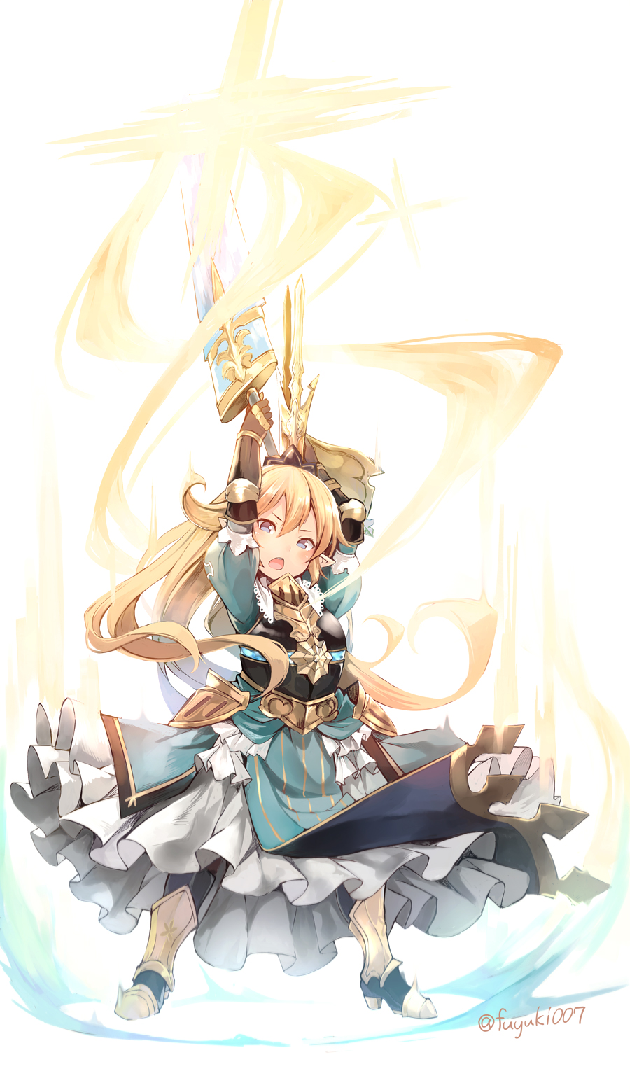 1girl armor armored_dress blue_dress breastplate charlotte_(granblue_fantasy) crown dress gauntlets granblue_fantasy high_heels highres holding holding_sword holding_weapon long_hair nanahara_fuyuki pointy_ears simple_background solo sword weapon white_background