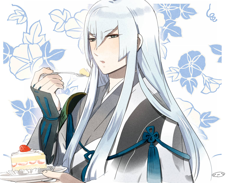 1boy armor blue_hair commentary_request eating flower fork green_eyes japanese_armor japanese_clothes kote kousetsu_samonji long_hair male_focus mizuhara_aki open_mouth plate slice_of_cake sode solo strawberry_shortcake touken_ranbu upper_body