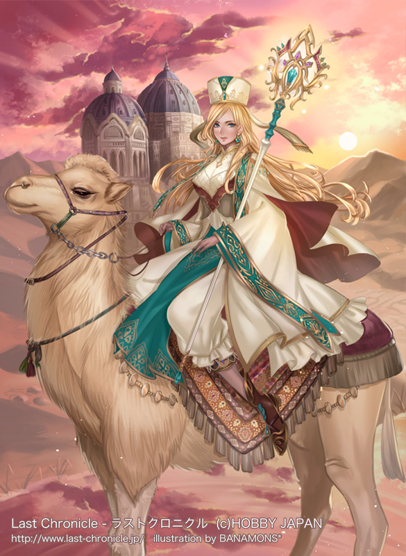 1girl banamons blonde_hair blue_eyes camel cape copyright_name desert dress earrings hat jewelry last_chronicle long_hair looking_at_viewer reins riding staff sun white_dress