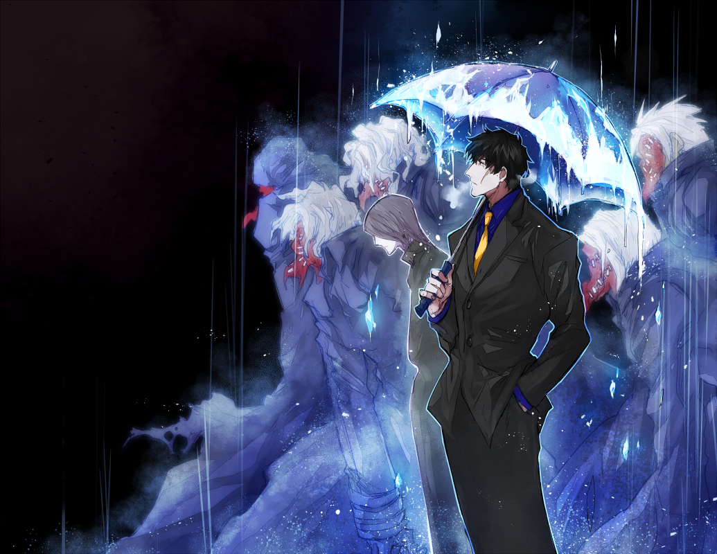 black_background dark_background everyone formal hand_in_pocket housui_(g3hopes) ice kekkai_sensen multiple_boys necktie rain scar short_hair simple_background steven_a._starphase suit umbrella