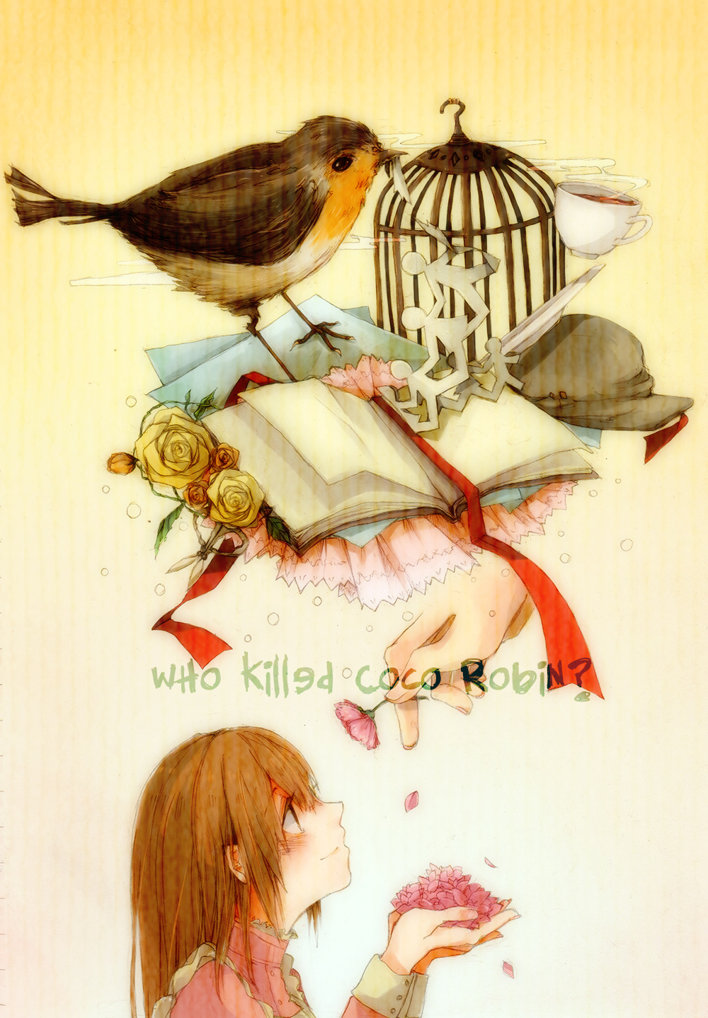 1girl bangs bird blush bury cage chenlack coco_(bury) cup flower hat highres paper petals robin_(animal) rose sidelocks smile solo spoilers tea teacup yellow_rose
