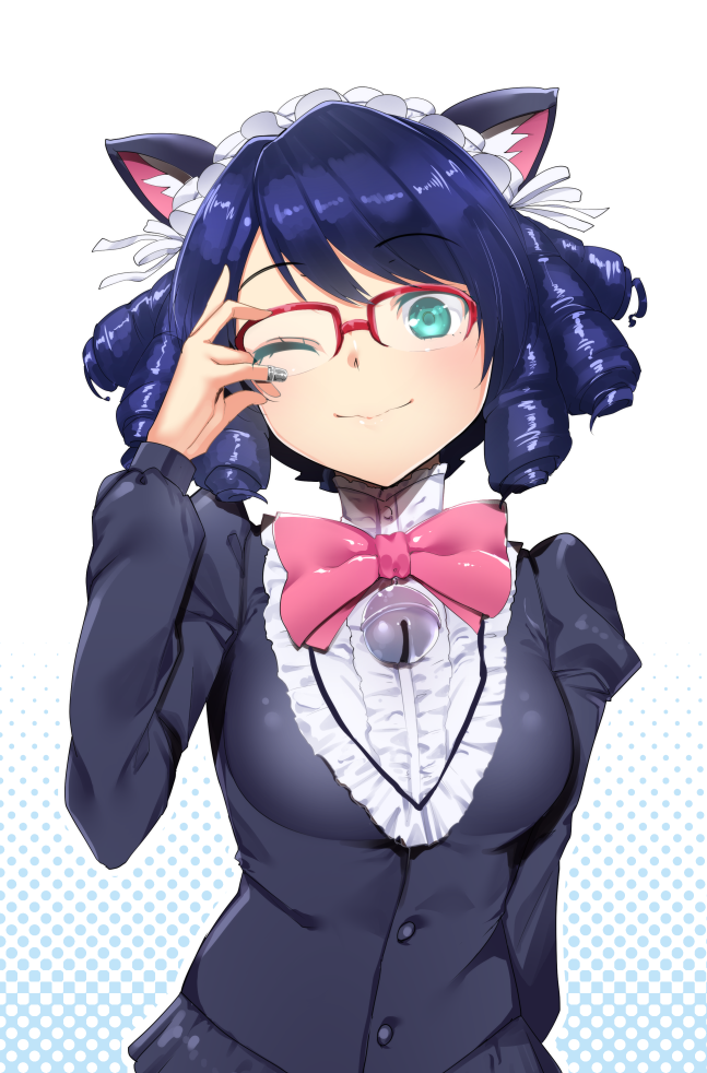 1girl adjusting_glasses animal_ears bell blue_hair blush bowtie cat_ears curly_hair cyan_(show_by_rock!!) glasses gothic_lolita green_eyes hijikawa_shian lolita_fashion looking_at_viewer maid_headdress one_eye_closed red-framed_glasses short_hair show_by_rock!! smile solo thimble tomohiro_kai