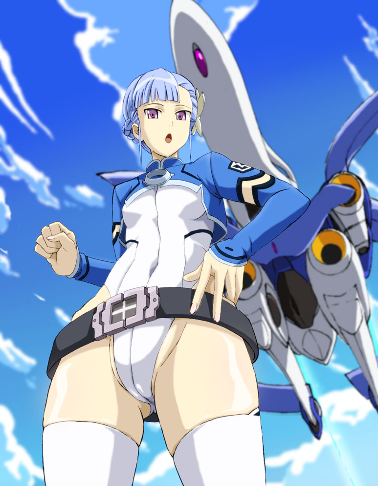 1girl :o ass_visible_through_thighs asymmetrical_bangs bangs belt blue_hair clenched_hand clouds fin_e_ld_si_laffinty fugakuhyakkei highleg leotard looking_at_viewer rinne_no_lagrange skindentation small_breasts solo thigh-highs violet_eyes vox_lympha