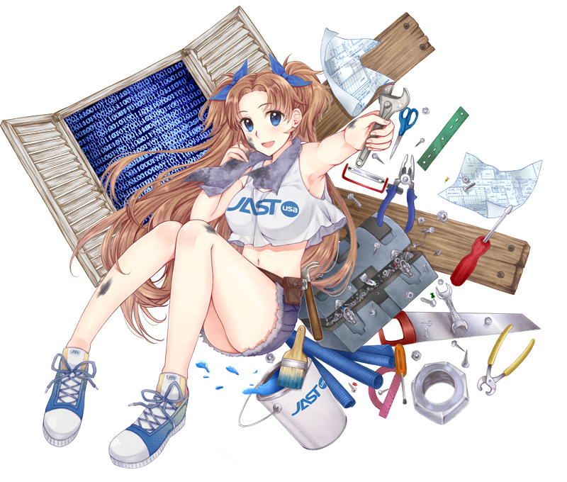 1girl artist_request belt binary blue_eyes breasts brown_hair commentary hair_ribbon hammer large_breasts long_hair mascot midriff navel nut_(hardware) open_mouth original paint_can paintbrush pliers ribbon saw schematics scissors screw screwdriver shorts smile solo tagme toolbox towel towel_around_neck two_side_up utility_belt wrench