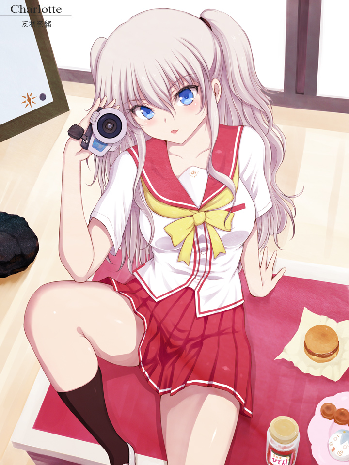 1girl blue_eyes camcorder charlotte_(anime) food hamburger jar long_hair niwatori_kokezou school_uniform serafuku silver_hair sitting tomori_nao twintails two_side_up