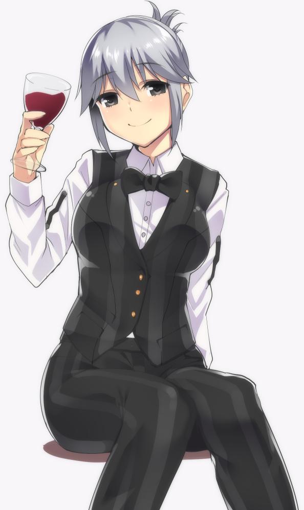 1girl black_bow black_eyes blush bow bowtie character_request collared_shirt copyright_request cup dress_shirt drinking_glass glasses holding holding_glasses looking_at_viewer shirt short_hair silver_hair sitting smile solo tomohiro_kai uniform vest waitress white_background wine_glass
