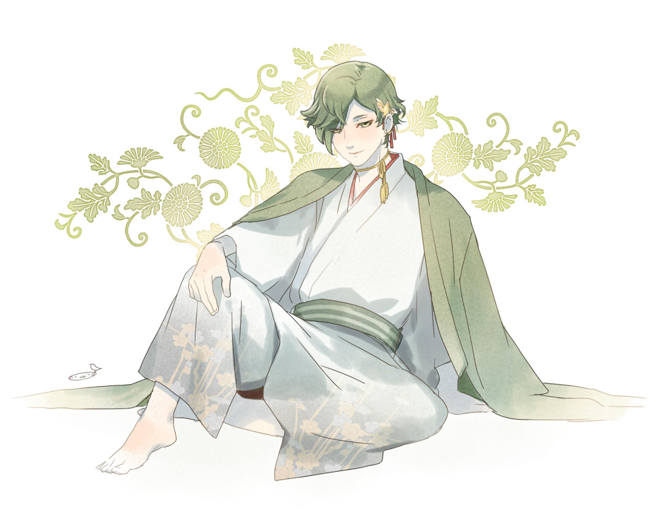 1boy alternate_costume arm_support barefoot bird eyes_visible_through_hair green_eyes green_hair hair_over_one_eye japanese_clothes kimono looking_at_viewer male_focus mizuhara_aki object_namesake short_hair sitting solo touken_ranbu uguisumaru white_background