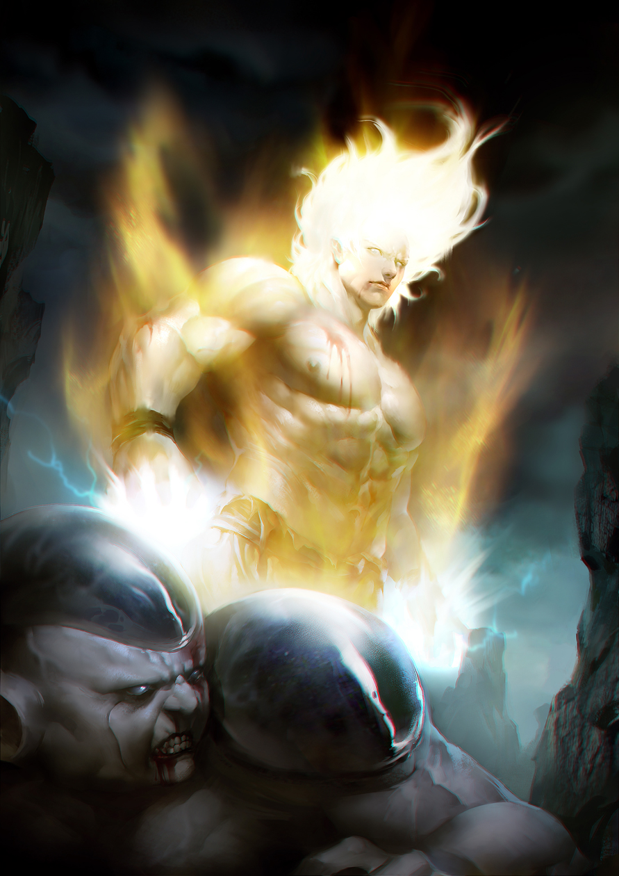 2boys aura blood blood_on_face clenched_teeth dark dragon_ball dragon_ball_z energy frieza glowing glowing_hair glowing_hand grimace highres multiple_boys muscle realistic shirtless son_gokuu super_saiyan torn_clothes veins wristband xin_wang