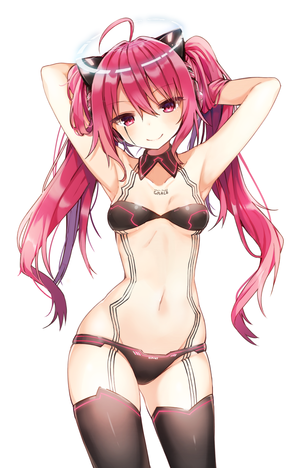 1girl ahoge armpits arms_up black_legwear detached_collar halo highres navel pink_eyes pink_hair rasis shinoba simple_background smile solo thigh-highs twintails white_background