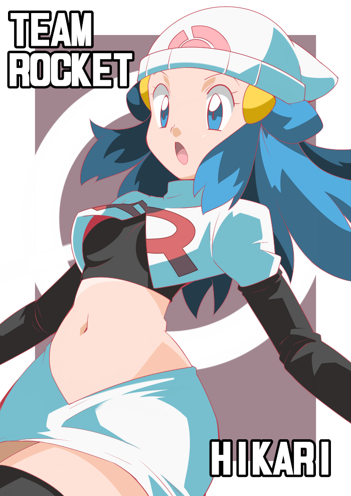 1girl blue_eyes breasts character_name hainchu hikari_(pokemon) long_hair midriff navel official_style pokemon solo team_rocket