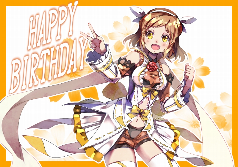 1girl adapted_costume bare_shoulders brown_hair hair_ribbon hanamaruo happy_birthday midriff navel open_mouth ribbon senki_zesshou_symphogear short_hair shorts smile tachibana_hibiki_(symphogear) thigh-highs v