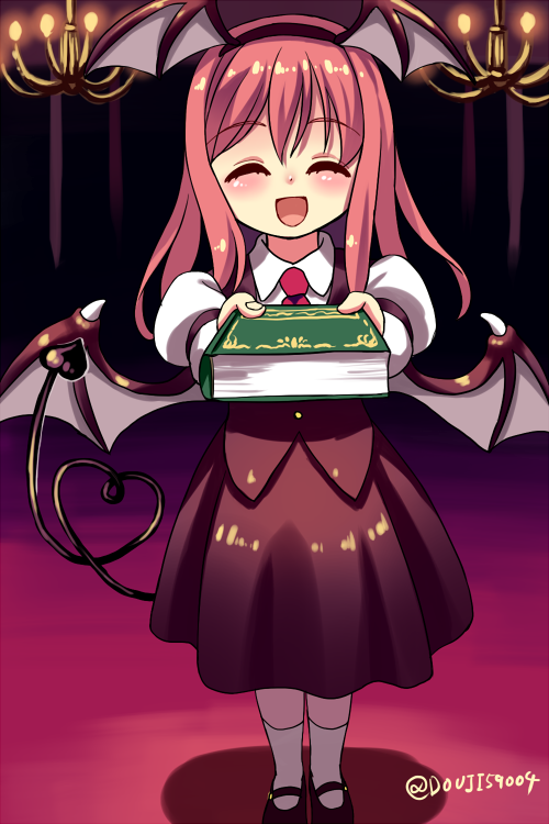 1girl armband bat_wings black_skirt black_vest blush book candlelight carpet chandelier closed_eyes collared_shirt demon_tail douji eyebrows eyebrows_visible_through_hair hairband happy heart indoors koakuma long_hair long_sleeves mary_janes necktie open_mouth pov puffy_long_sleeves puffy_sleeves redhead shirt shoes skirt socks solo tail touhou twitter_username white_legwear wings