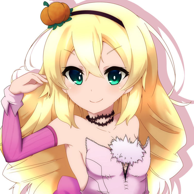1girl blonde_hair blush choker commentary_request detached_sleeves dungeon_travelers_2 erthuricia_vitor_de_ritzhevin green_eyes hair_ornament hairband pumpkin pumpkin_hair_ornament simple_background solo swscout1222 white_background