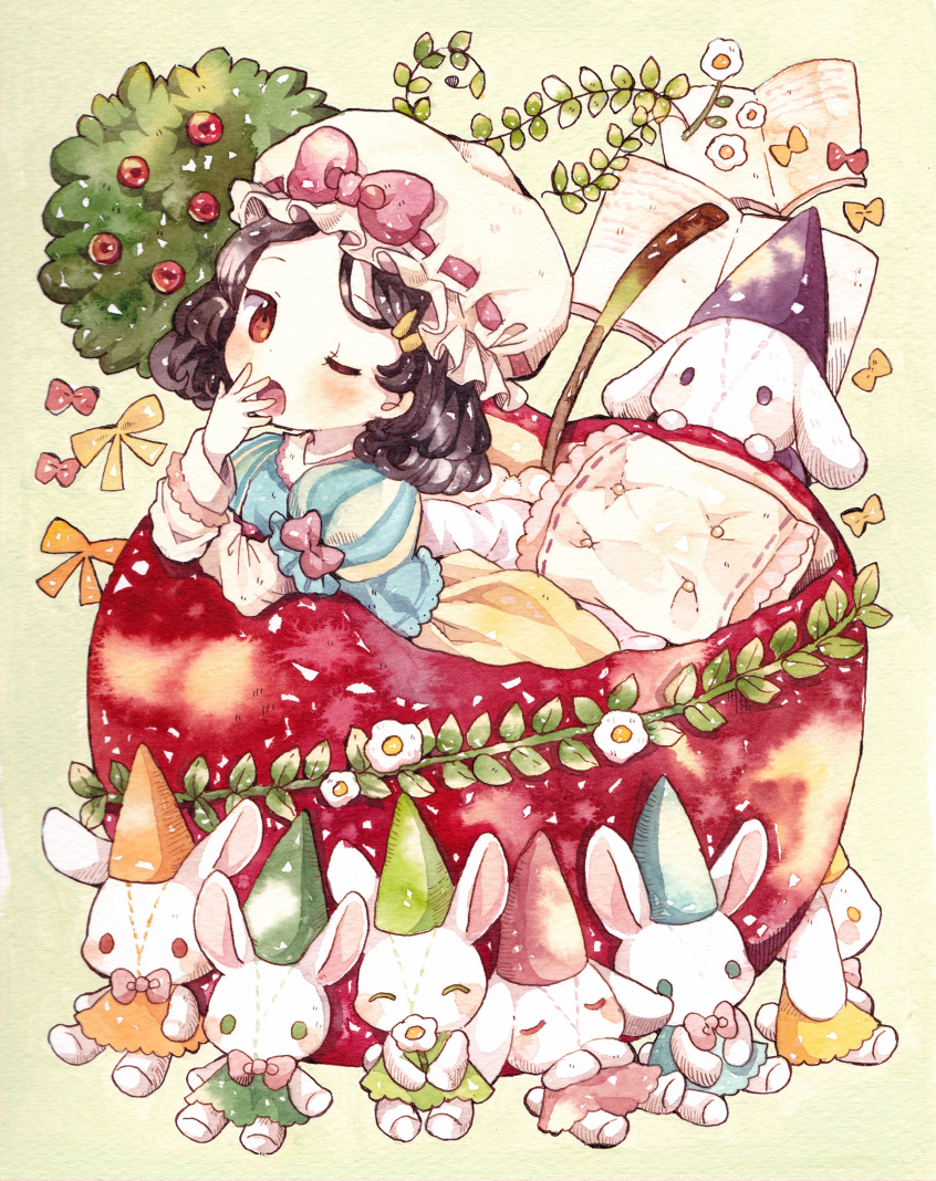 1girl ^_^ apple bed black_hair blush book child closed_eyes dress dwarf_(grimm) flower food fruit hat mob_cap mokarooru one_eye_closed oversized_object pillow red_eyes ribbon-trimmed_headwear ribbon_trim short_hair smile snow_white_(grimm) snow_white_and_the_seven_dwarfs solo stuffed_animal stuffed_bunny stuffed_toy vines wavy_hair yawning