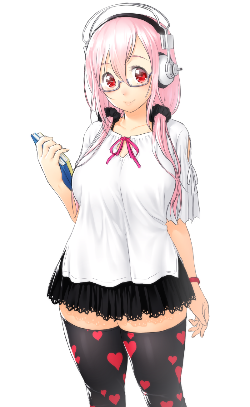 1girl bespectacled blush book breasts cleavage commentary_request glasses headphones highres large_breasts long_hair looking_at_viewer nitroplus onsoku_maru pink_hair red_eyes smile solo super_sonico thigh-highs zettai_ryouiki