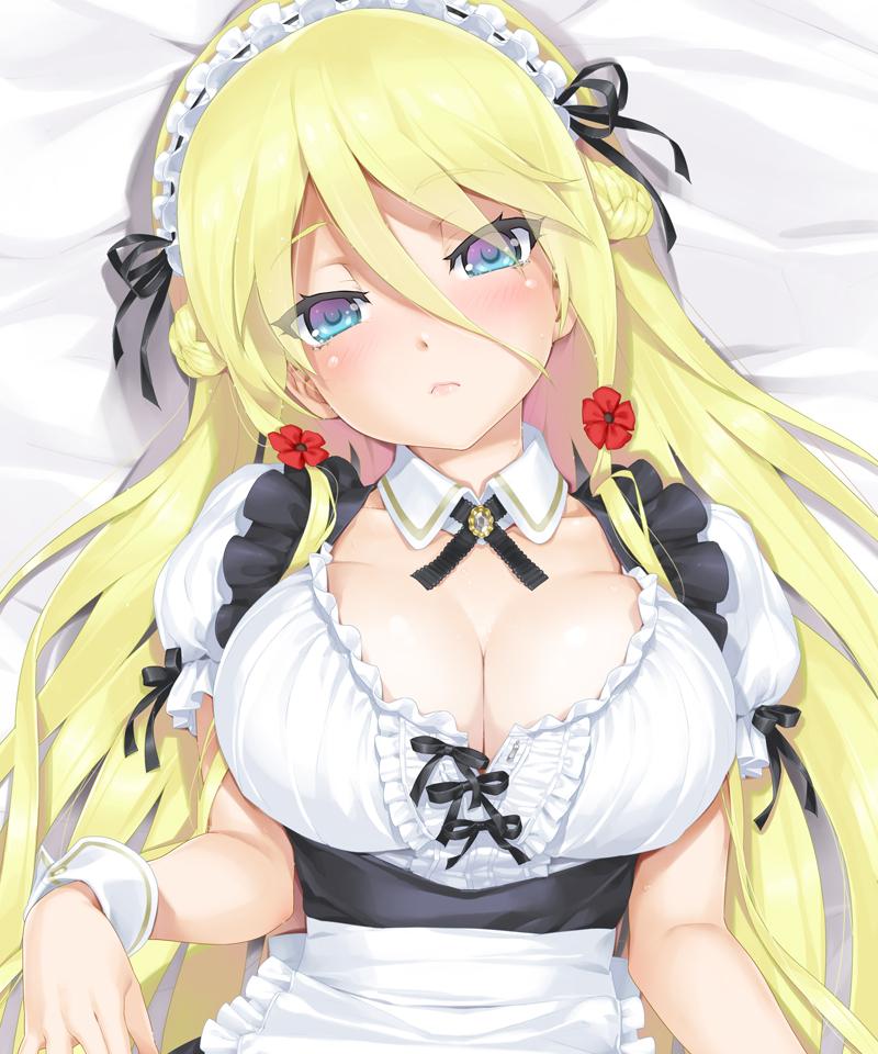 1girl alice_(bishoujo_mangekyou) apron bed_sheet bishoujo_mangekyou blonde_hair blue_eyes blush breasts cleavage detached_collar expressionless happoubi_jin head_tilt large_breasts long_hair looking_at_viewer lying maid maid_apron maid_headdress on_back short_sleeves solo upper_body wrist_cuffs