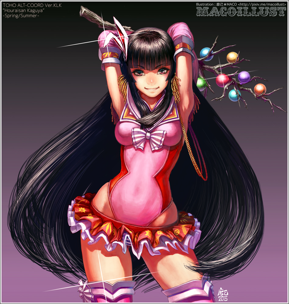 1girl alternate_costume armpits arms_up black_hair bow branch breasts brown_eyes bunny_hair_ornament dated detached_collar hair_ornament hime_cut houraisan_kaguya jeweled_branch_of_hourai leotard long_hair looking_at_viewer maco_(macoillust) micro_skirt smile solo thigh-highs touhou very_long_hair