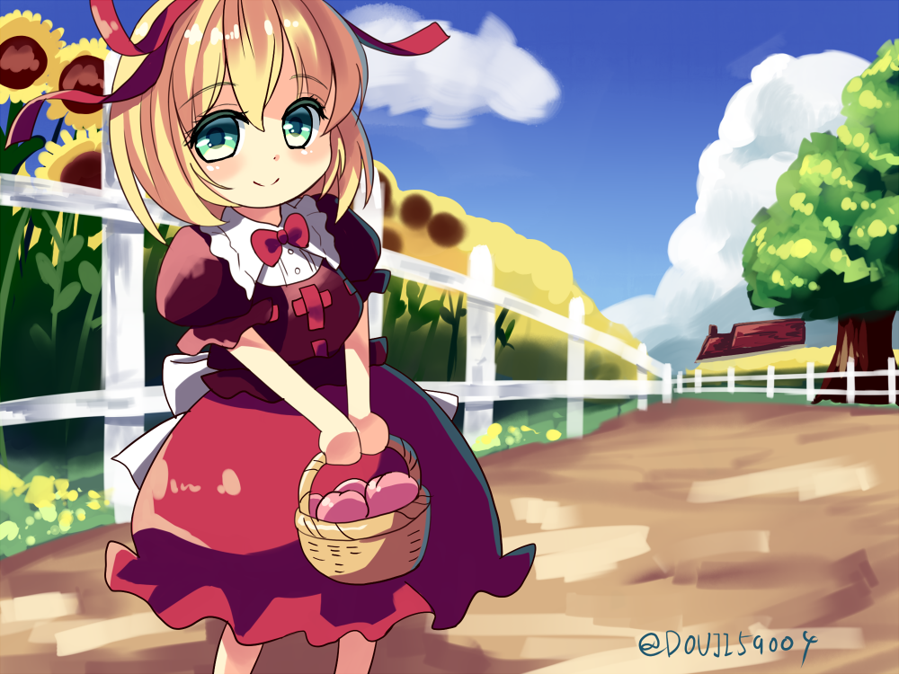 1girl apple basket blonde_hair blue_sky blush bow carrying clouds douji fence flower food fruit garden_of_the_sun grass green_eyes ground hair_ribbon house looking_at_viewer medicine_melancholy path picket_fence puffy_short_sleeves puffy_sleeves purple_shirt red_skirt ribbon ribbon-trimmed_clothes ribbon_trim road shirt short_hair short_sleeves skirt sky smile solo standing sunflower touhou tree twitter_username vanishing_point wooden_fence