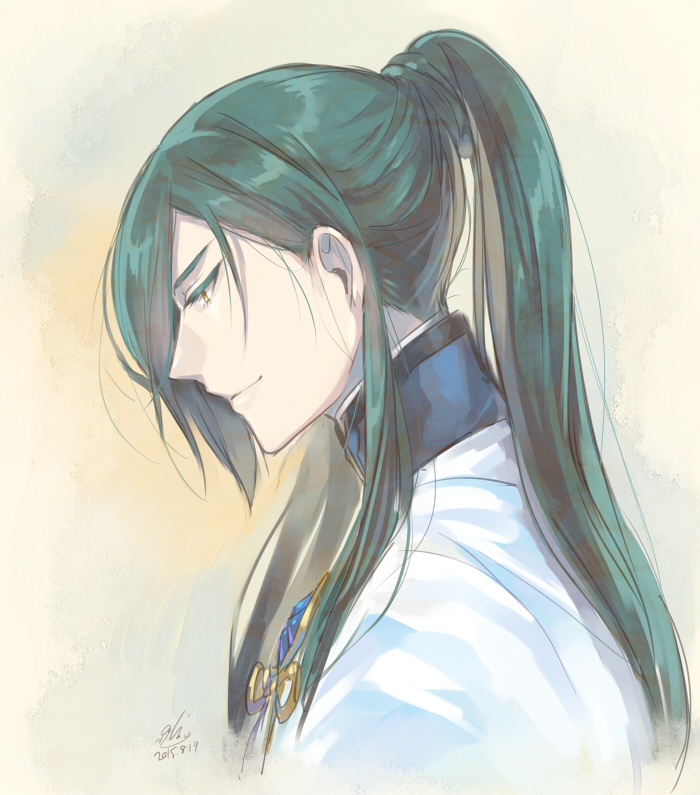 1boy green_hair male_focus nikkari_aoe ot-nm ponytail profile smile touken_ranbu upper_body yellow_eyes