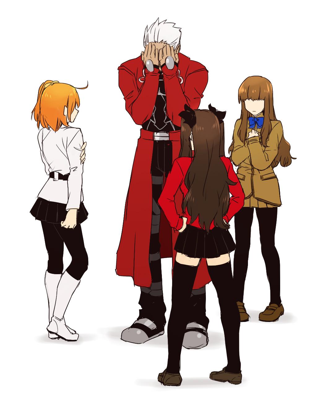 1boy 3girls ab0gado ahoge archer black_bow black_hair blue_bowtie boots bow brown_hair brown_shoes commentary covering_face fate/extra fate/grand_order fate/stay_night fate_(series) female_protagonist_(fate/grand_order) highres kishinami_hakuno_(female) knee_boots long_hair miniskirt multiple_girls odd_one_out orange_hair pantyhose school_uniform shoes side_ponytail skirt thigh-highs tohsaka_rin toosaka_rin two_side_up white_boots white_hair zettai_ryouiki