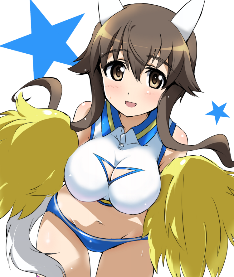1girl animal_ears breasts brown_eyes brown_hair cheerleader cleavage_cutout dog_ears dog_tail large_breasts looking_at_viewer midriff navel open_mouth pom_poms solo star strike_witches sweat tail takei_junko yumekaranigeruna