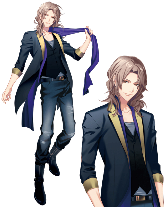 1boy boots brown_hair dynamic_chord fujiwara_ryo hanabusa_tokiharu honeybee_(otome) male_focus official_art scarf shoes smile solo wavy_hair