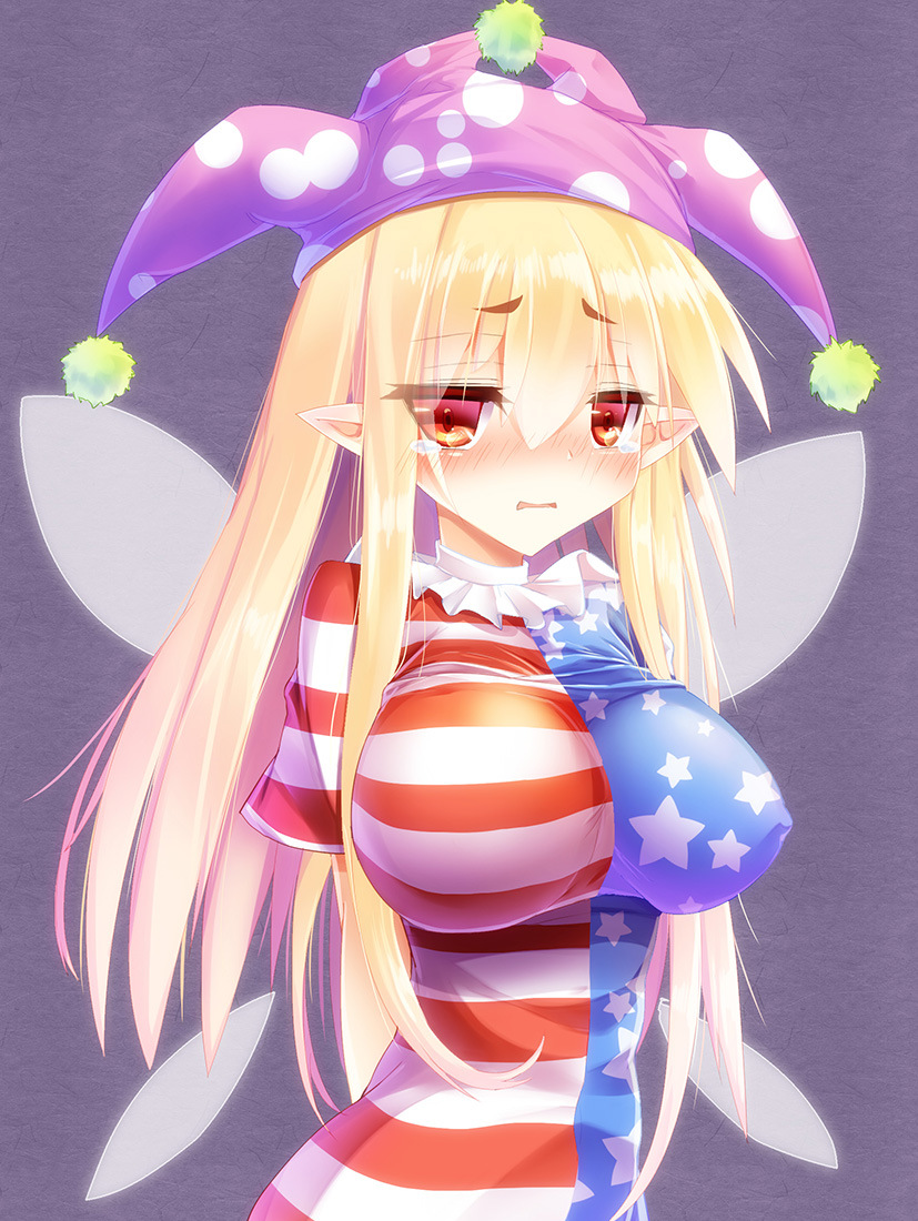 1girl american_flag_shirt arms_behind_back blonde_hair blush breasts clownpiece crying crying_with_eyes_open fairy_wings full-face_blush hat jester_cap large_breasts long_hair looking_at_viewer open_mouth pointy_ears short_sleeves solo star striped tears touhou upper_body wings z.o.b