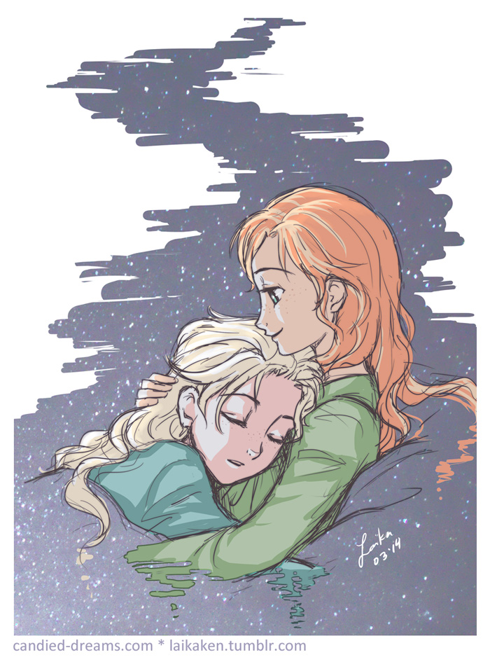 2girls anna_(frozen) bed blonde_hair elsa_(frozen) frozen_(disney) hair_down hug laikaken multiple_girls orange_hair pajamas siblings sisters sleeping