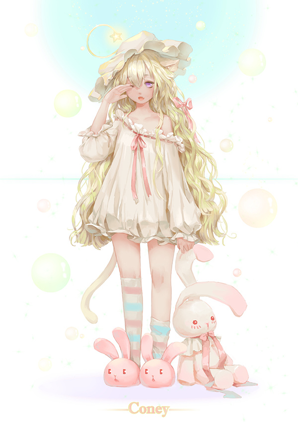 1girl animal_ears animal_slippers blonde_hair bunny_slippers cat_ears cat_tail coney fang hat kneehighs long_hair nightgown one_eye_closed open_mouth original rubbing_eyes sleepy solo star striped striped_legwear stuffed_animal stuffed_bunny stuffed_toy tail very_long_hair violet_eyes wavy_hair
