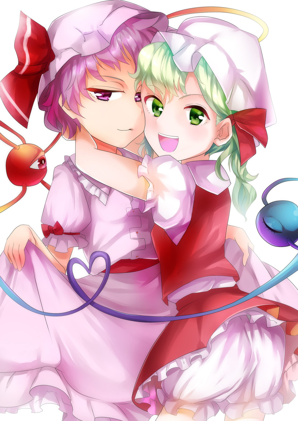 2girls bloomers dress eyeball flandre_scarlet flandre_scarlet_(cosplay) green_eyes green_hair hair_ornament hair_ribbon hat hat_ribbon heart heart_of_string highres hug komeiji_koishi komeiji_satori looking_at_viewer mob_cap multiple_girls open_mouth puffy_sleeves purple_hair remilia_scarlet remilia_scarlet_(cosplay) ribbon sash shirt short_hair short_sleeves siblings side_ponytail simple_background sisters skirt skirt_lift skirt_set smile string syoudensatoko third_eye touhou underwear vest violet_eyes white_background