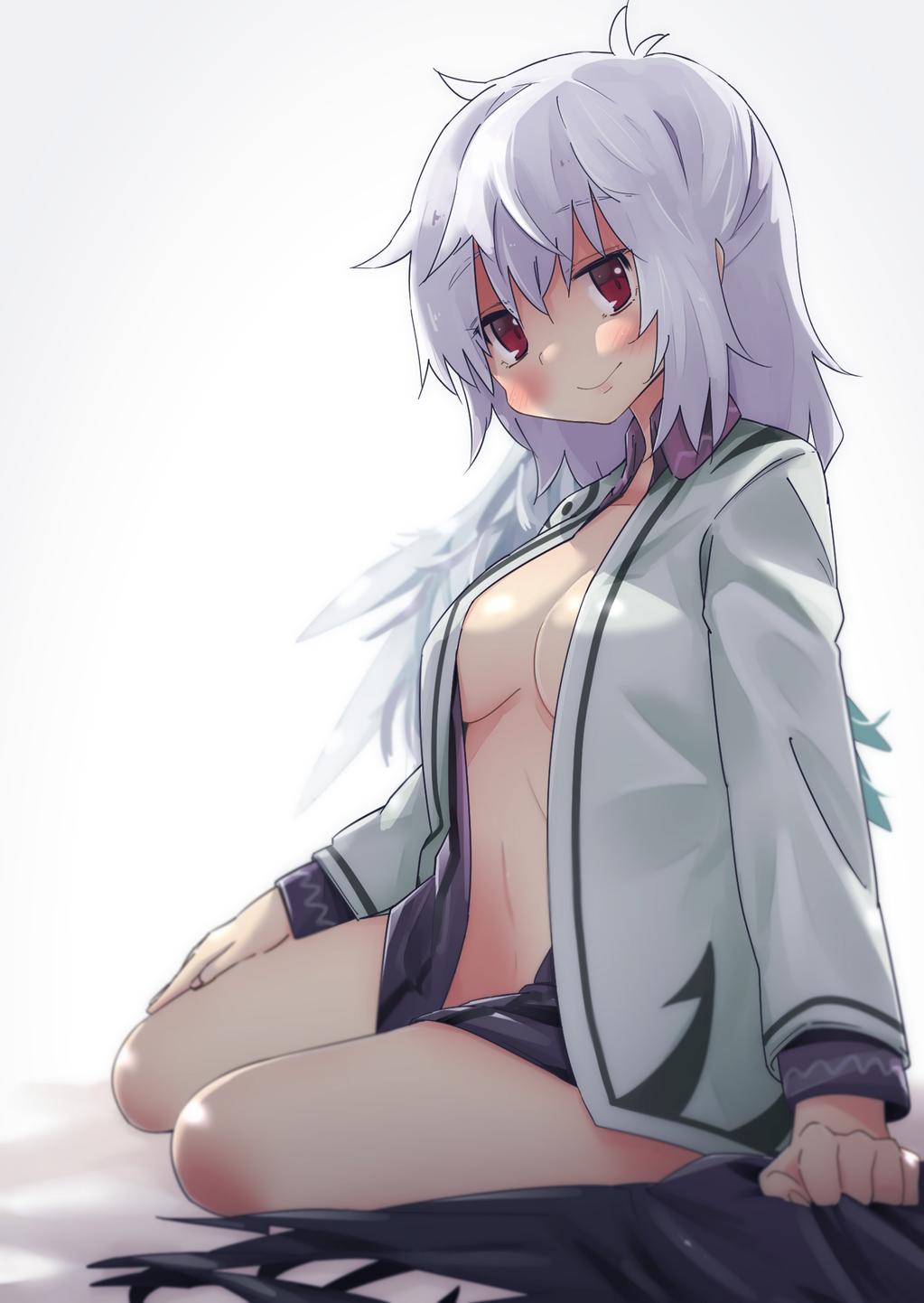 1girl blush breasts gradient gradient_background highres kishin_sagume long_sleeves looking_at_viewer midriff no_bra no_pants open_clothes open_shirt red_eyes shirt short_hair silver_hair single_wing sitting skirt skirt_removed skirt_set smile solo touhou vest waira wings