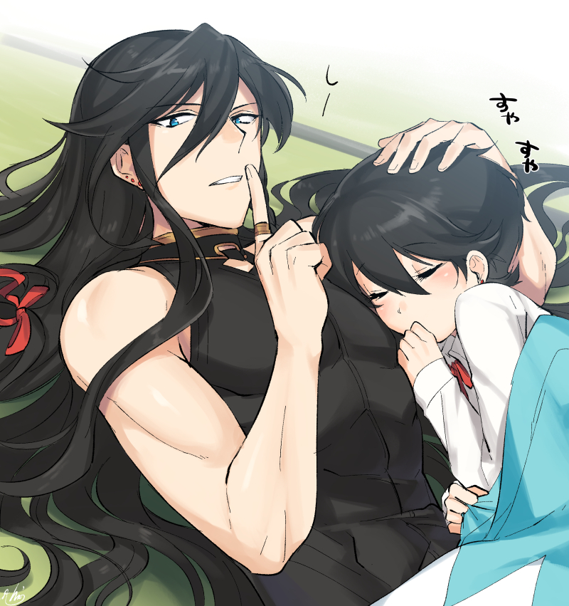 2boys black_hair blue_eyes closed_eyes ear_studs earrings finger_to_mouth hand_on_another's_head haori horikawa_kunihiro izumi-no-kami_kanesada japanese_clothes jewelry long_hair lying multiple_boys on_back ot-nm shinsengumi sleeping touken_ranbu