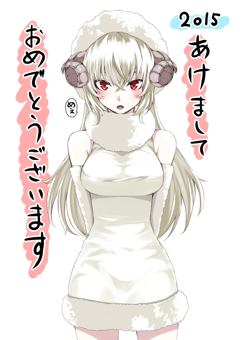 1girl animal_costume animal_ears arms_behind_back blonde_hair breasts detached_sleeves dress horns looking_at_viewer open_mouth original red_eyes sheep_costume sheep_ears sheep_horns simon_(n.s_craft) solo standing white_dress