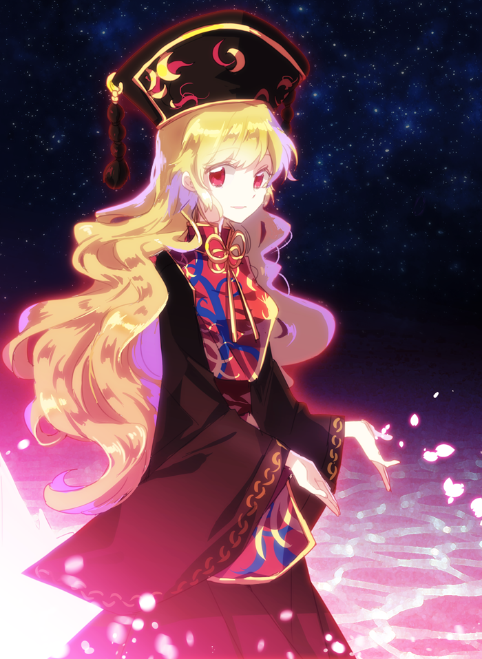1girl black_dress blonde_hair chinese_clothes dress hat junko_(touhou) long_hair long_sleeves nr_(cmnrr) open_mouth red_eyes sash smile solo tabard touhou wavy_hair wide_sleeves
