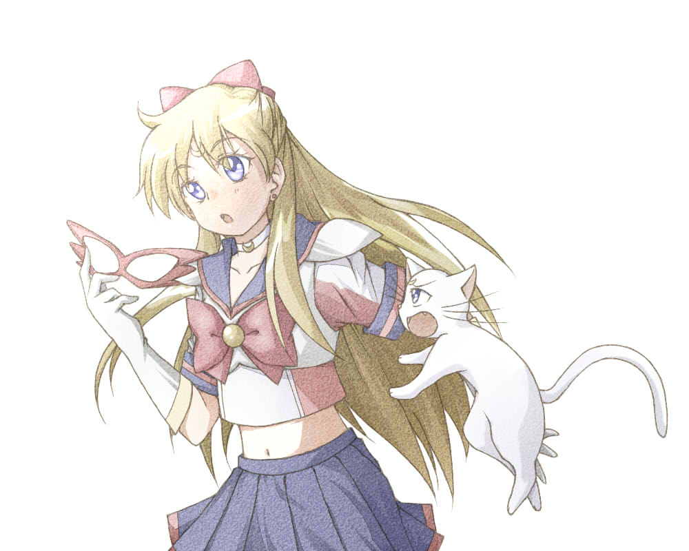 1girl :o aino_minako artemis_(sailor_moon) bishoujo_senshi_sailor_moon blonde_hair blue_skirt bow cashew_(won) cat choker facial_mark forehead_mark half_updo long_hair mask mask_removed pleated_skirt red_bow sailor_collar sailor_v short_sleeves skirt white_background