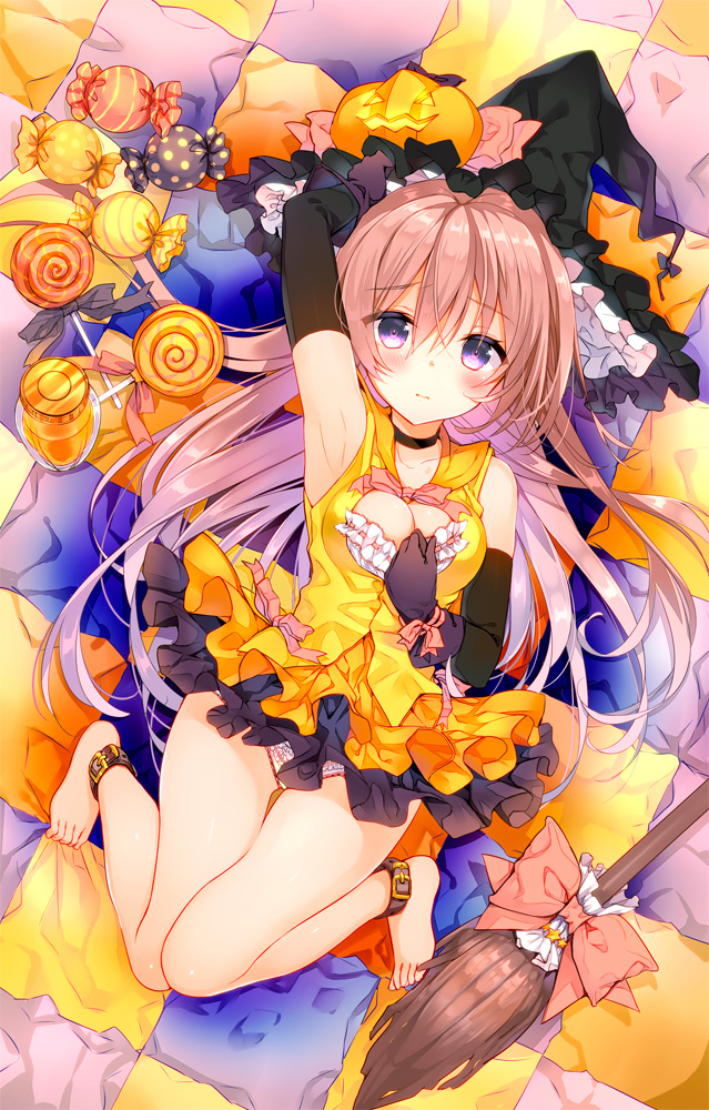 1girl ankle_cuffs arm_up armpits bare_legs barefoot black_gloves blush breasts broom brown_hair candy choker cleavage cleavage_cutout commentary_request frilled_panties frills gloves halloween hat jack-o'-lantern long_hair looking_at_viewer original panties pumpkin skirt solo underwear violet_eyes witch_hat yadapot