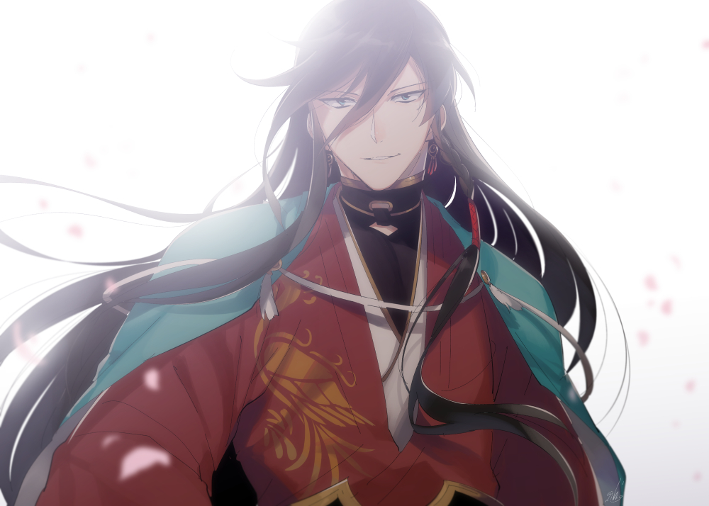 1boy black_hair blue_eyes braid earrings izumi-no-kami_kanesada japanese_clothes jewelry male_focus ot-nm petals side_braid smile touken_ranbu upper_body